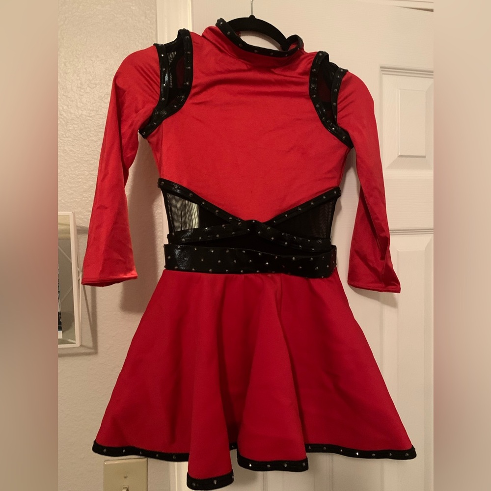 Red and black girls dance costume dress with headband and mesh insert